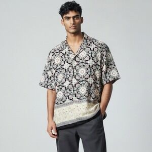 Pussers West Indies Mens XL 100% Linen Shirt Short Sleeve Floral Print Black